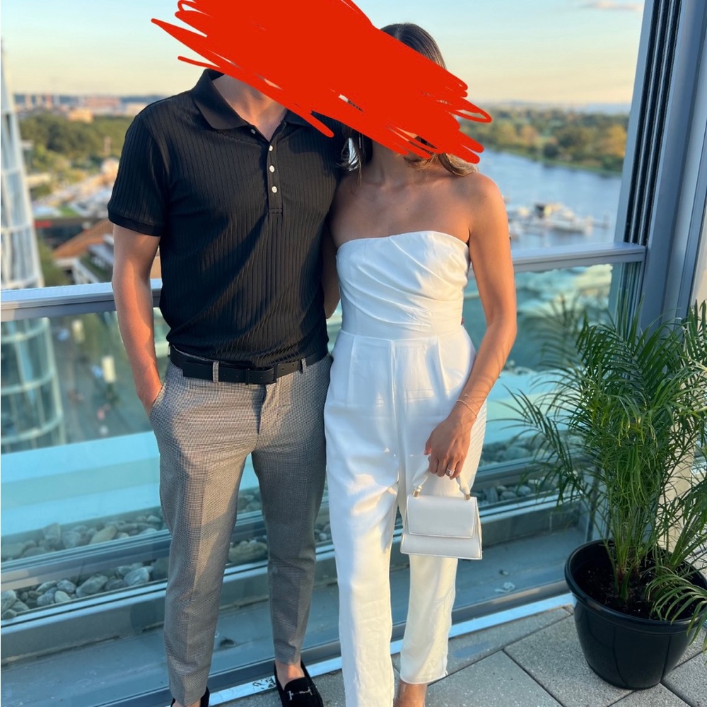 White strapless jumpsuit with detachable bow